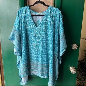 Saivana Turquoise Blue Embroidered V-Neck Tunic